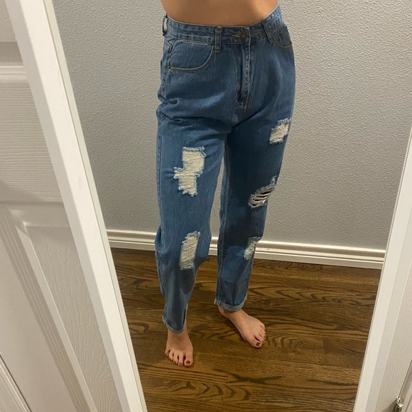 S/4 high waist/ high rise Ripped Roll Hem Mom Jeans distressed denim - Picture 1 of 4